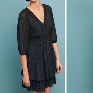 NEW Anthro Meadow Rue Black On Black Embroidered Vneck Layered Mini Dress 6P